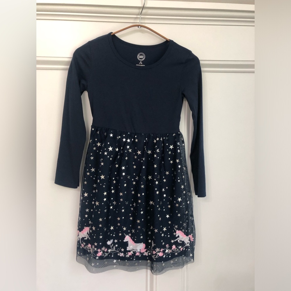 wonder nation Navy Long-Sleeve Dress with Star Print & Pink Unicorns 7/8